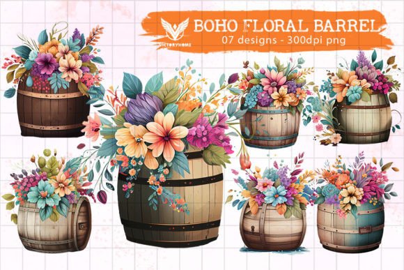 Download Boho Floral Barrel Watercolor Clipart - Premium Bundle