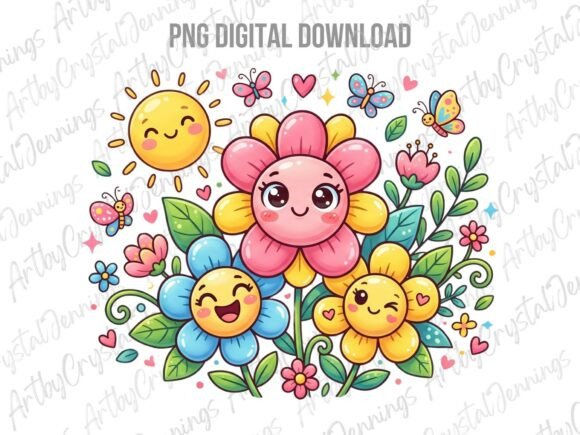 Download Cute Kawaii Happy Garden Flowers PNG - Cute Collection