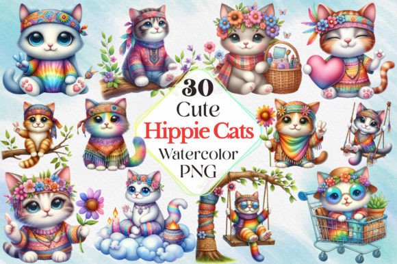 Download Hippie Cute Cats Sublimation Clipart - Cute Collection